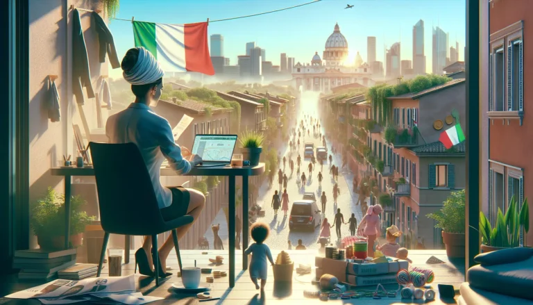 Madre lavoratrice con il suo bambino, simbolo di sostegno alle famiglie italiane