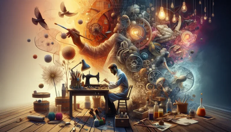 Giovane che lavora a un progetto di fai-da-te, circondato da materiali artigianali e strumenti creativi.