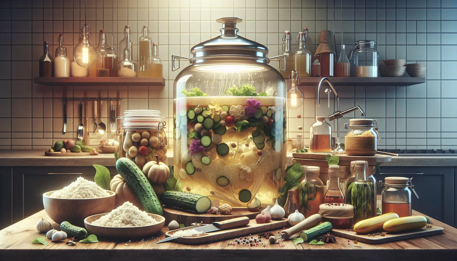 Barattolo di crauti fermentati con verdure fresche sullo sfondo