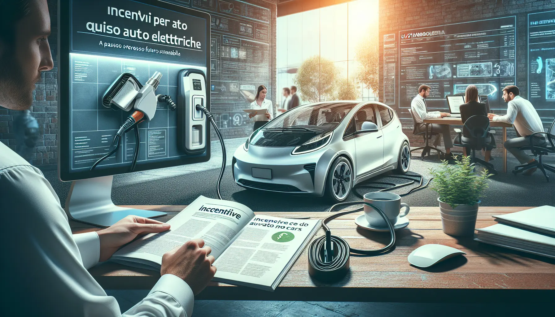 Un'auto elettrica in ricarica in un paesaggio urbano sostenibile.