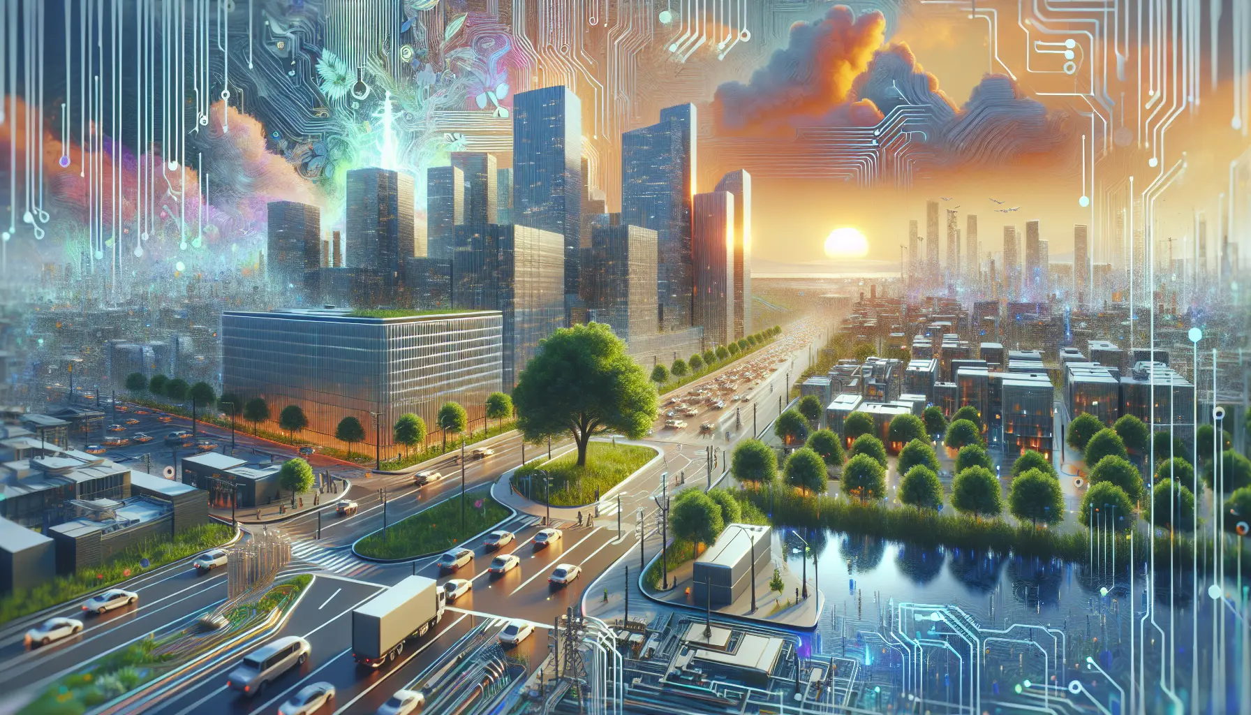 Rappresentazione visiva dell'intelligenza artificiale etica, con simboli tecnologici e un futuro sostenibile.