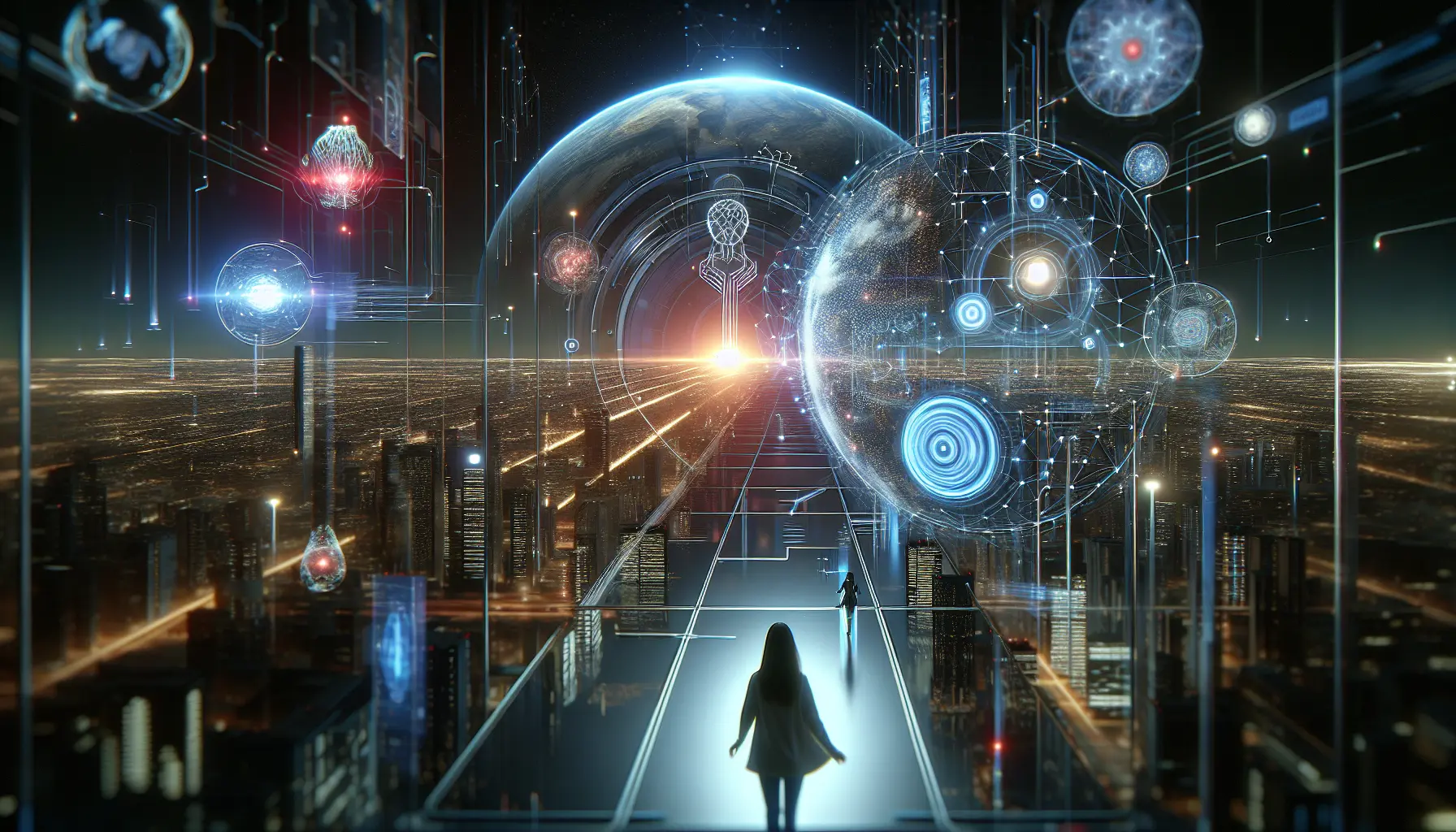 Concetto di intelligenza artificiale etica con simboli di giustizia e tecnologia