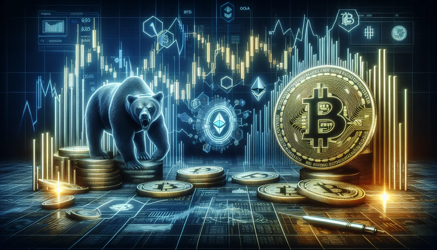 Grafico che rappresenta l'andamento del mercato delle criptovalute con simboli di diverse monete digitali.