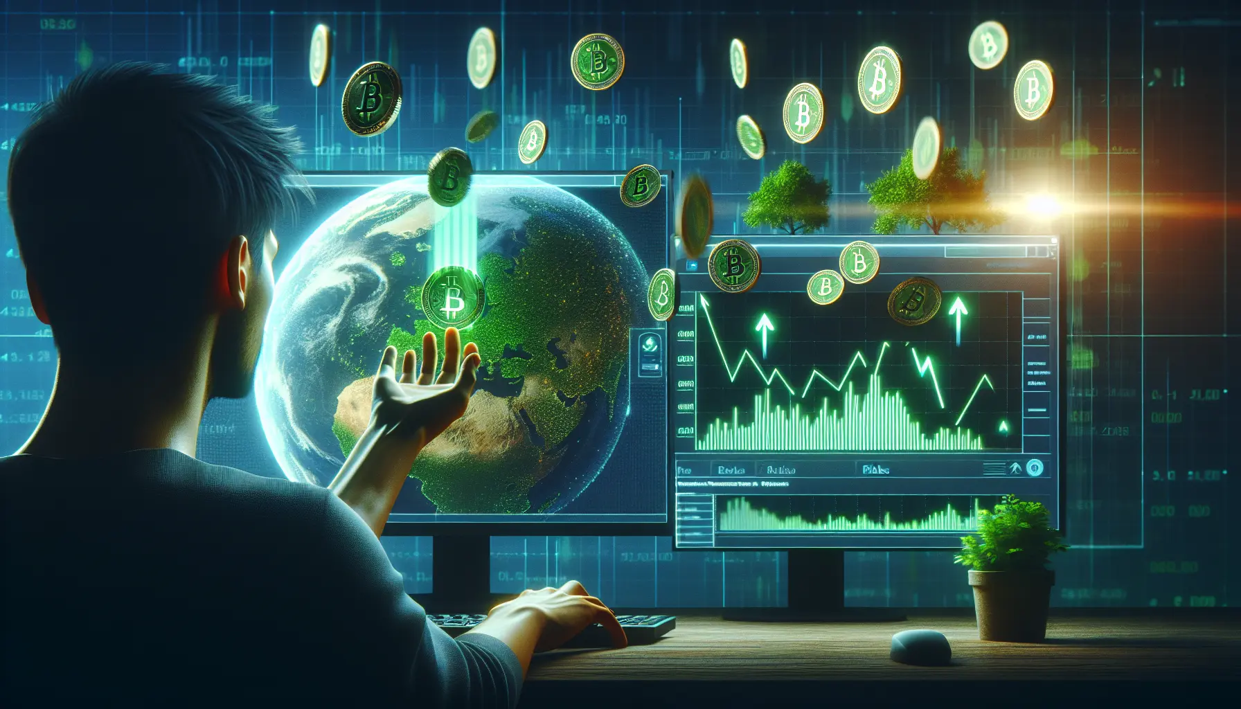 Un grafico che rappresenta l'andamento delle criptovalute sostenibili, con simboli di energia verde e tecnologia blockchain.