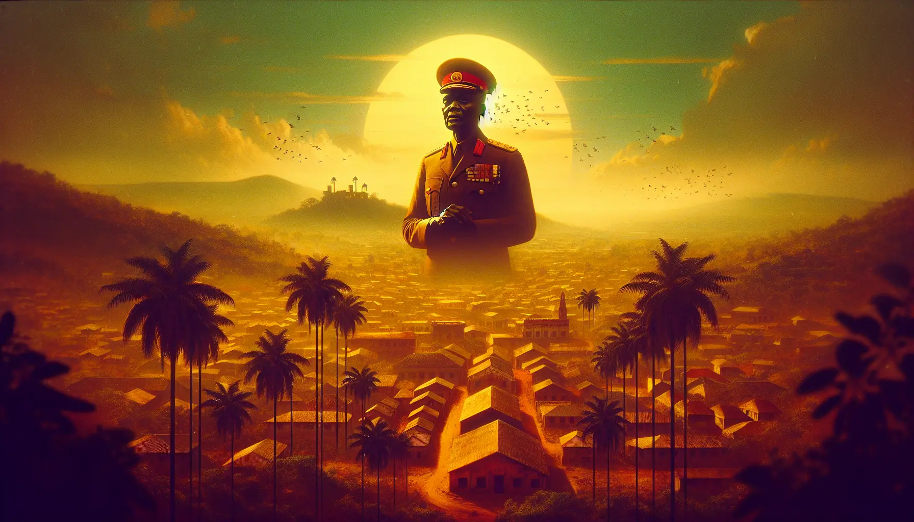 Ritratto di Jean-Bedel Bokassa in uniforme militare, simbolo di un'epoca di potere e controversie in Centrafrica.