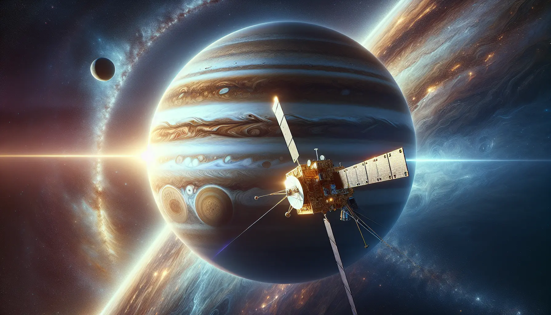 Immagine della sonda Galileo in orbita attorno a Giove, con i suoi satelliti visibili sullo sfondo.