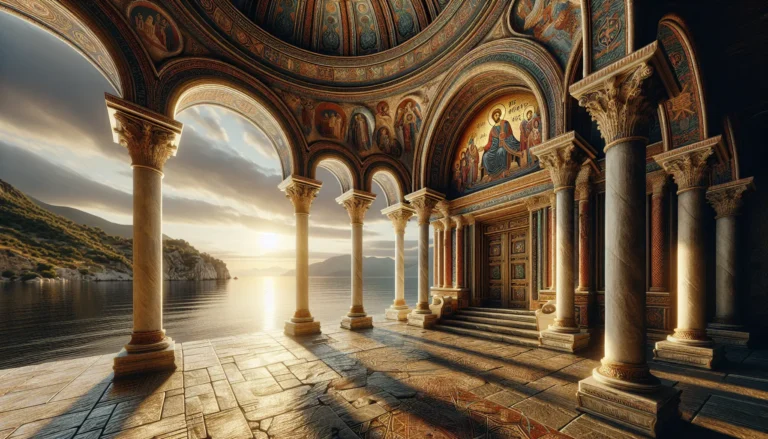 Mosaico bizantino che rappresenta scene religiose e culturali, simbolo dell'arte e della spiritualità dell'Impero Bizantino.