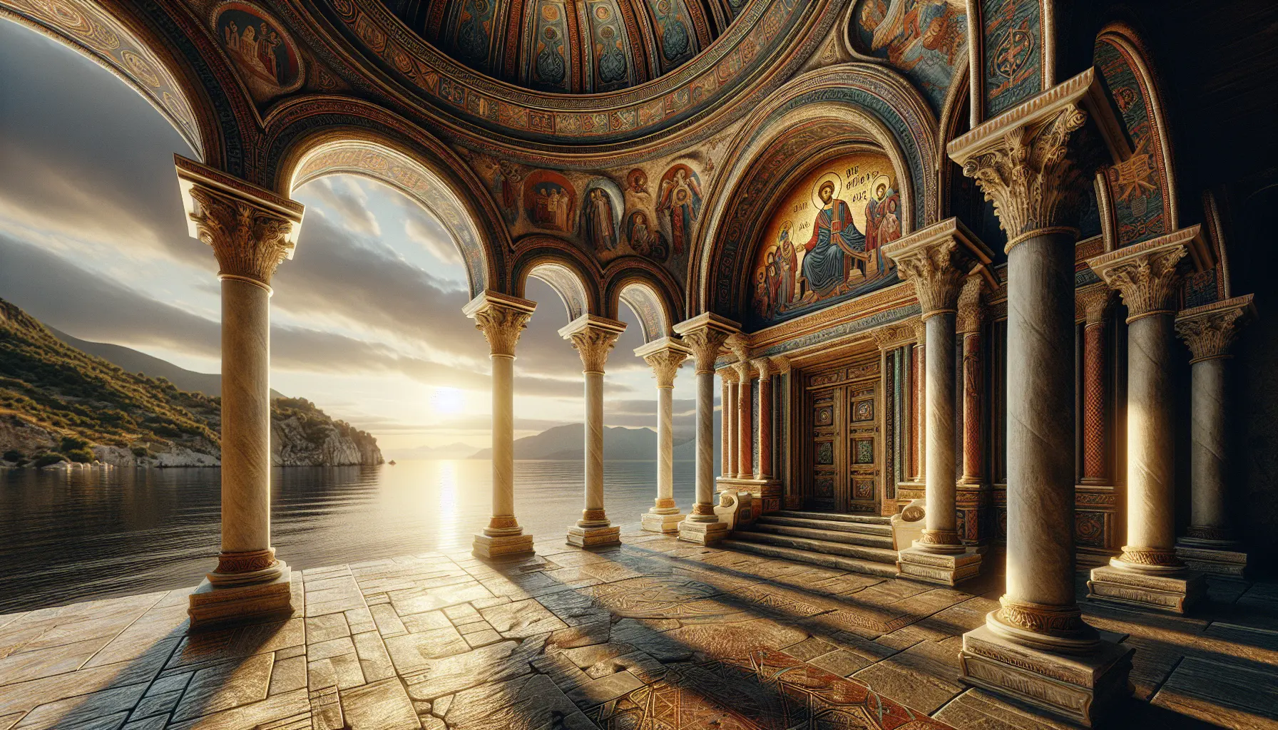 Mosaico bizantino che rappresenta scene religiose e culturali, simbolo dell'arte e della spiritualità dell'Impero Bizantino.