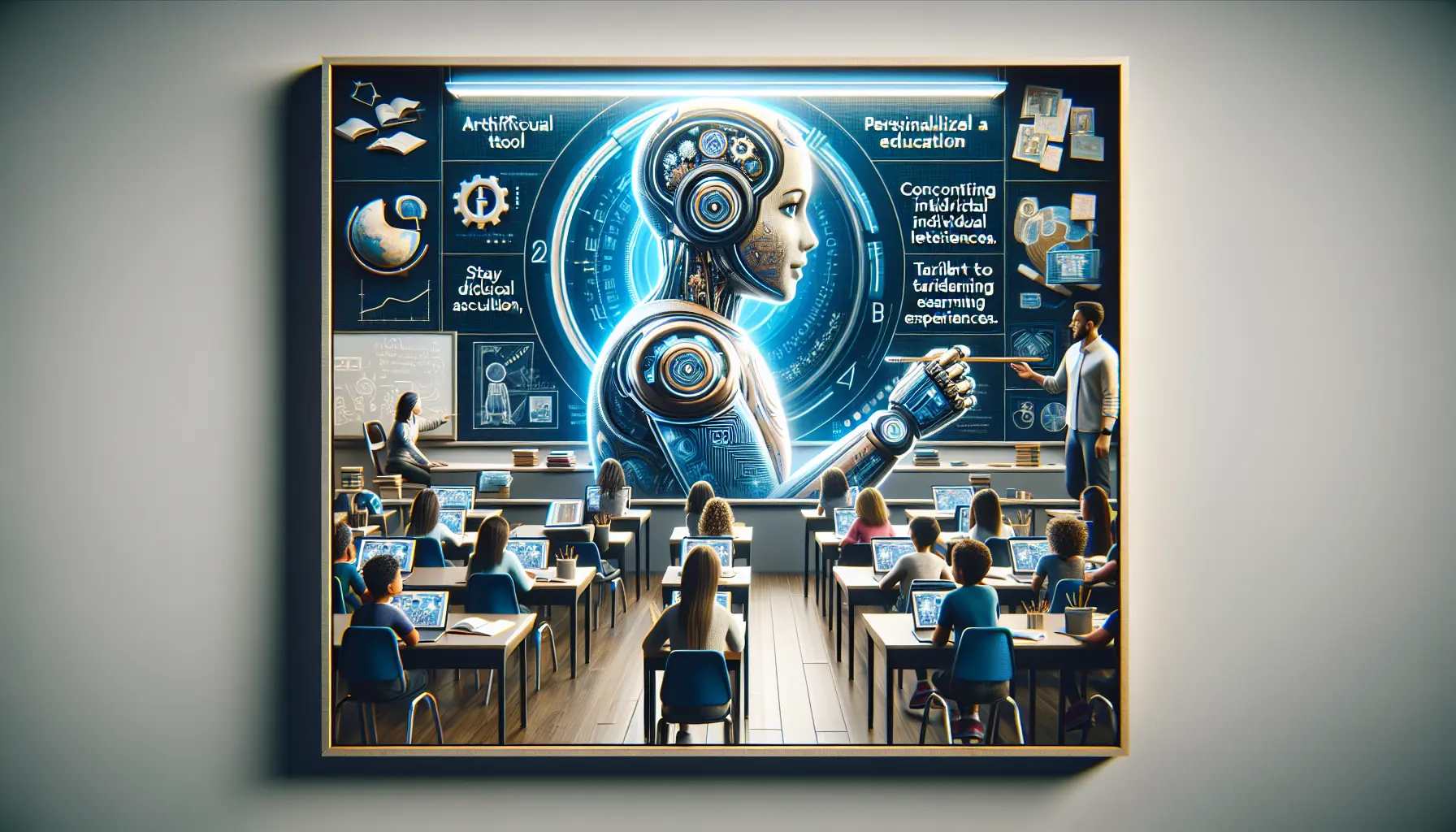 Un insegnante utilizza strumenti di intelligenza artificiale per personalizzare l'apprendimento degli studenti in un'aula moderna.
