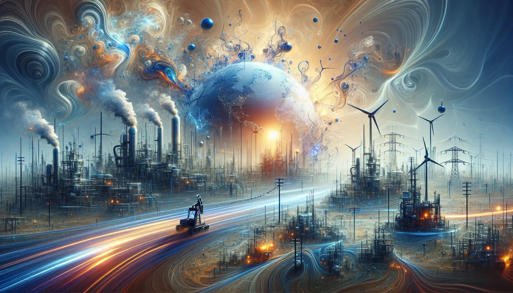 Rappresentazione grafica del mercato petrolifero e dell'OPEC, con simboli di petrolio e innovazione energetica.