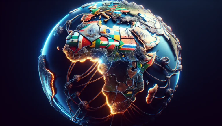 Mappa dell'Africa con simboli di cooperazione e integrazione tra i paesi