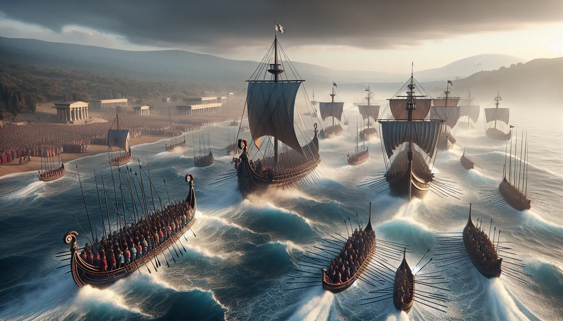 Rappresentazione artistica della battaglia di Azio con navi romane in combattimento