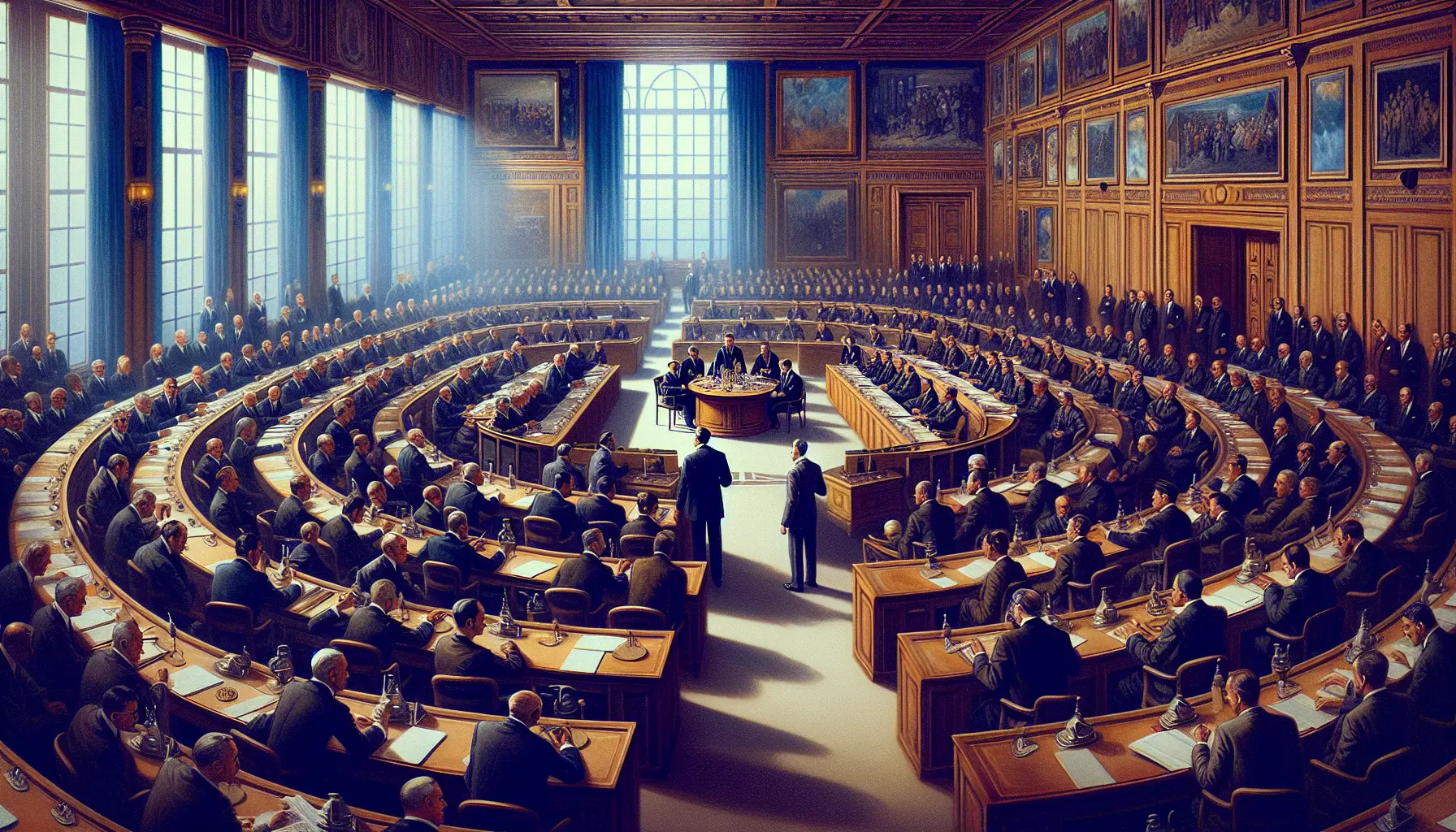 Rappresentazione della Conferenza di Monaco con leader europei che discutono attorno a un tavolo