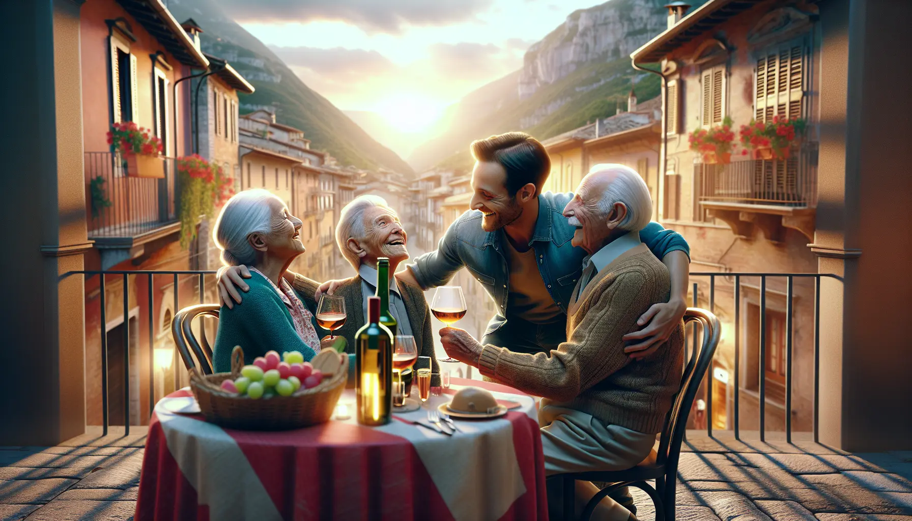 Un gruppo di nonni e nipoti sorridenti che festeggiano insieme, circondati da affetto e amore.