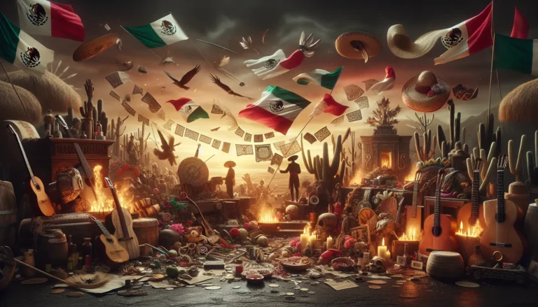 Immagine rappresentativa della guerra d'indipendenza del Messico, con simboli di libertà e unità.