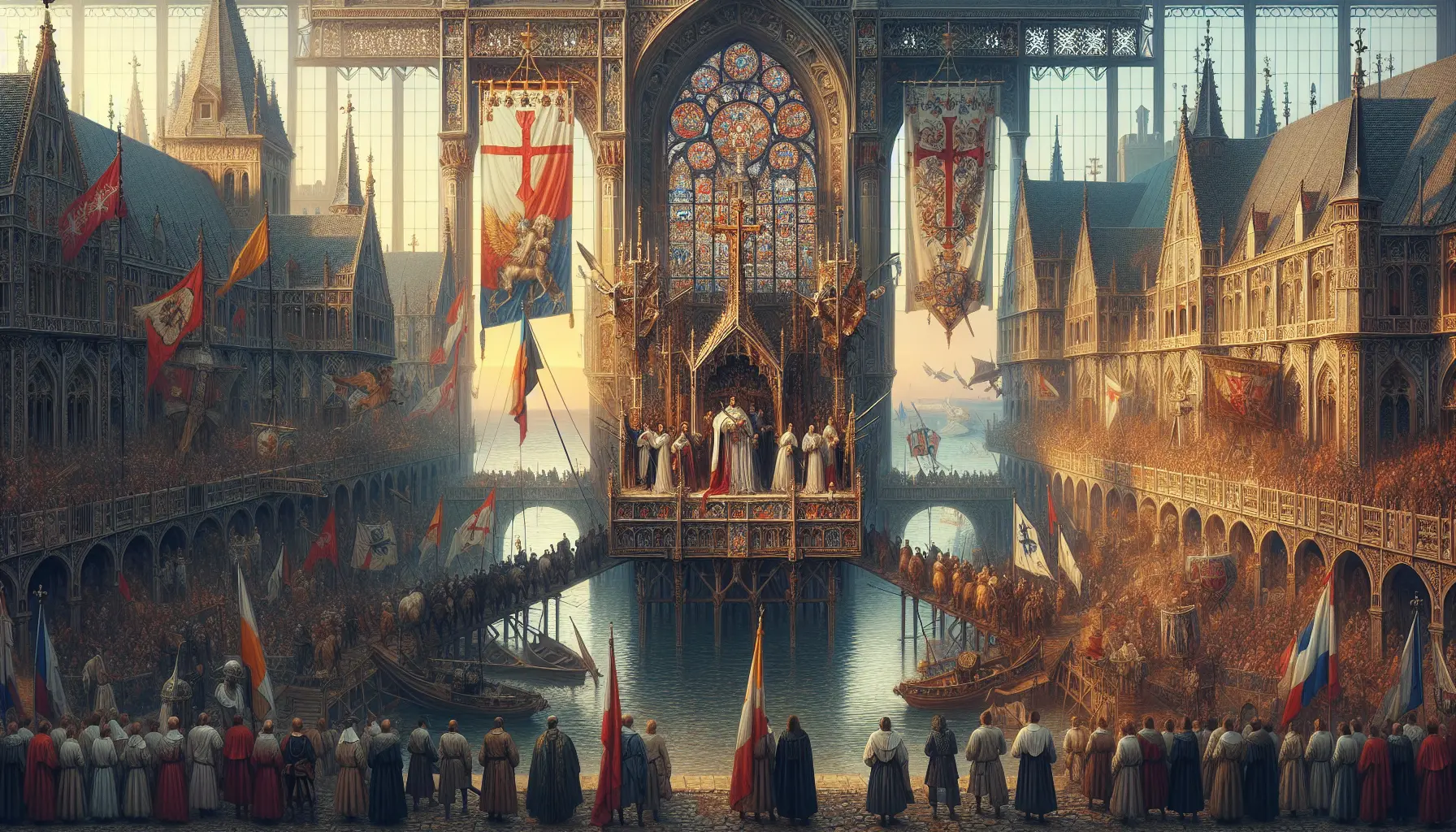 Rappresentazione della Lega Santa del 1684, con simboli cristiani e bandiere delle potenze europee unite.