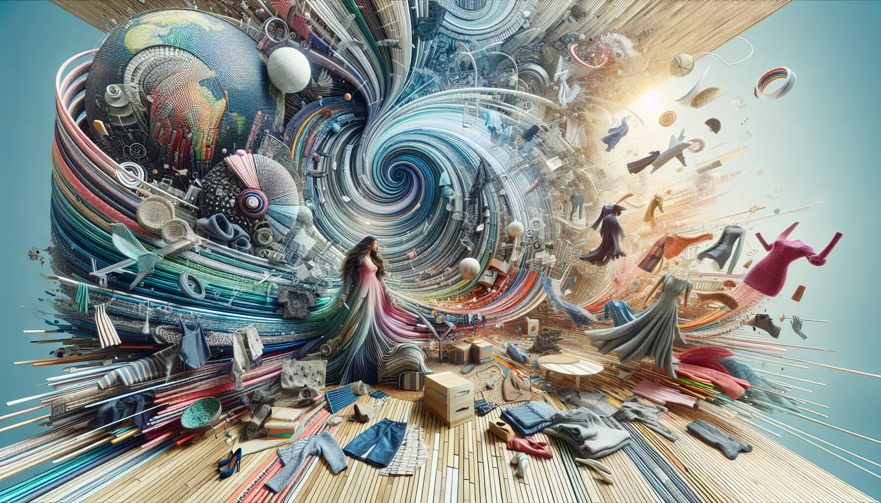 Un'immagine che rappresenta la moda circolare, con vestiti riutilizzati e materiali sostenibili in un ambiente naturale.