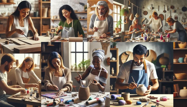 Un gruppo di persone che partecipano a un laboratorio di crafting, creando oggetti artigianali con materiali vari.