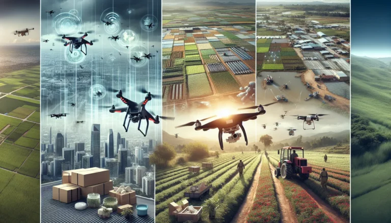 Un drone volante che sorvola un campo agricolo, mostrando il suo utilizzo in agricoltura per il monitoraggio delle colture.