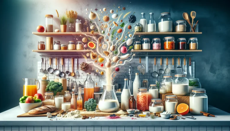 Un barattolo di kimchi colorato con ingredienti freschi accanto, rappresentando la fermentazione in cucina.