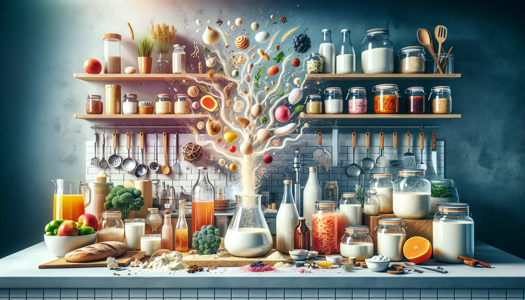 Un barattolo di kimchi colorato con ingredienti freschi accanto, rappresentando la fermentazione in cucina.