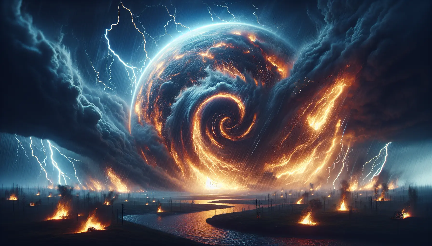 Un cielo tempestoso durante un equinozio, con nuvole scure e fulmini che illuminano l'orizzonte.