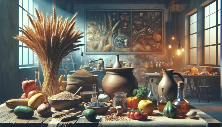 Campo di cereali antichi al tramonto, con spighe dorate che ondeggiano nel vento.