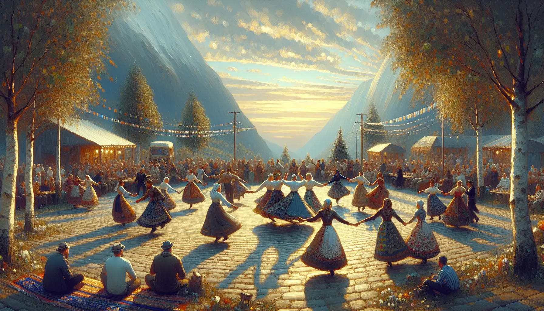 Un gruppo di persone che ballano danze popolari in un festival all'aperto, sorridendo e divertendosi insieme.