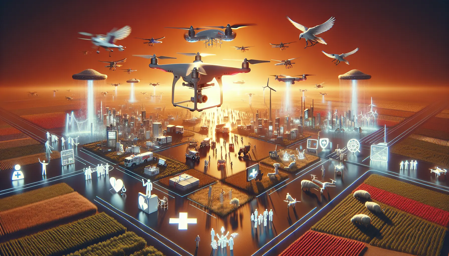 Droni in volo sopra un paesaggio rurale, simbolo di innovazione tecnologica e opportunità future.