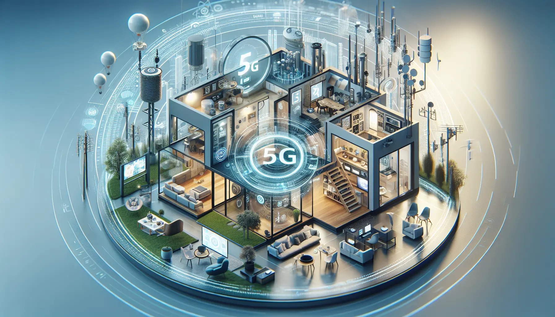 Un'immagine che rappresenta la tecnologia 5G, con dispositivi connessi e un'illustrazione di rete ad alta velocità.