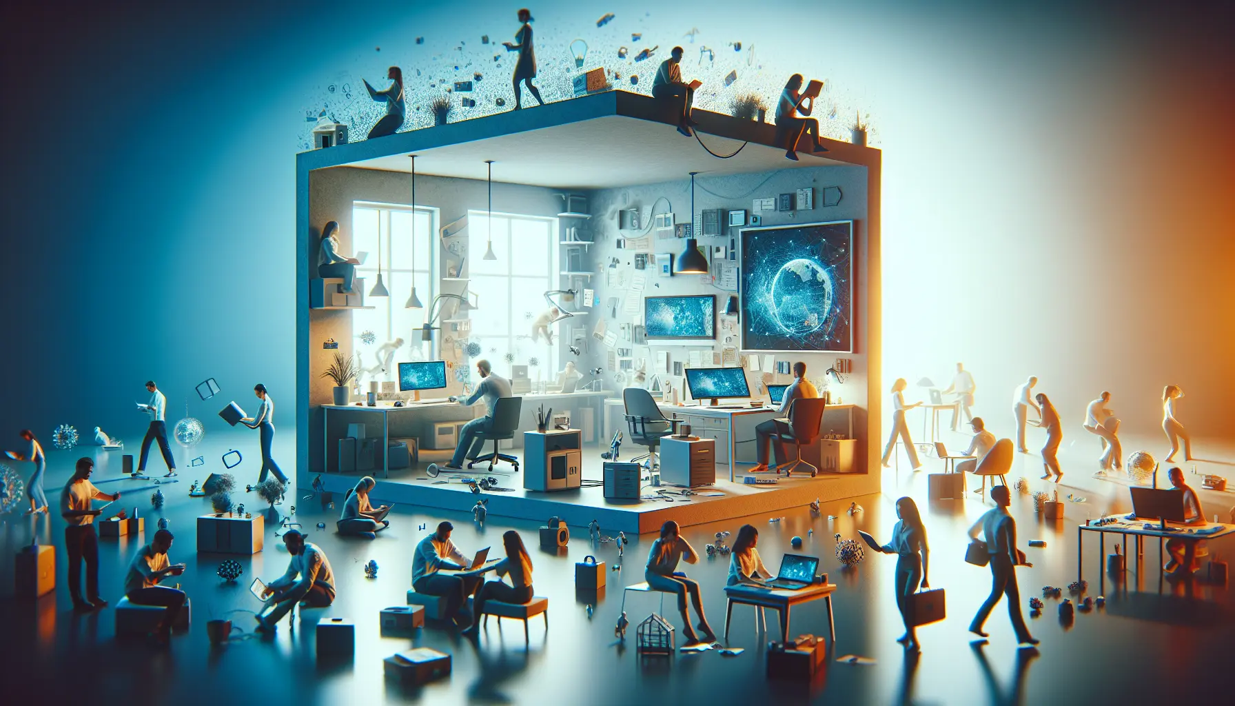 Un professionista che lavora da casa, circondato da tecnologia e comfort, rappresentando il concetto di lavoro da remoto.