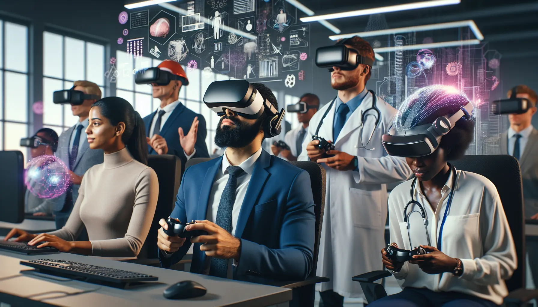 Un professionista utilizza un visore di realtà virtuale per un'esperienza di apprendimento immersivo.