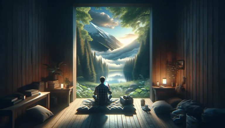 Una persona che si disconnette dalla tecnologia, immersa nella natura, con un sorriso sereno sul volto.