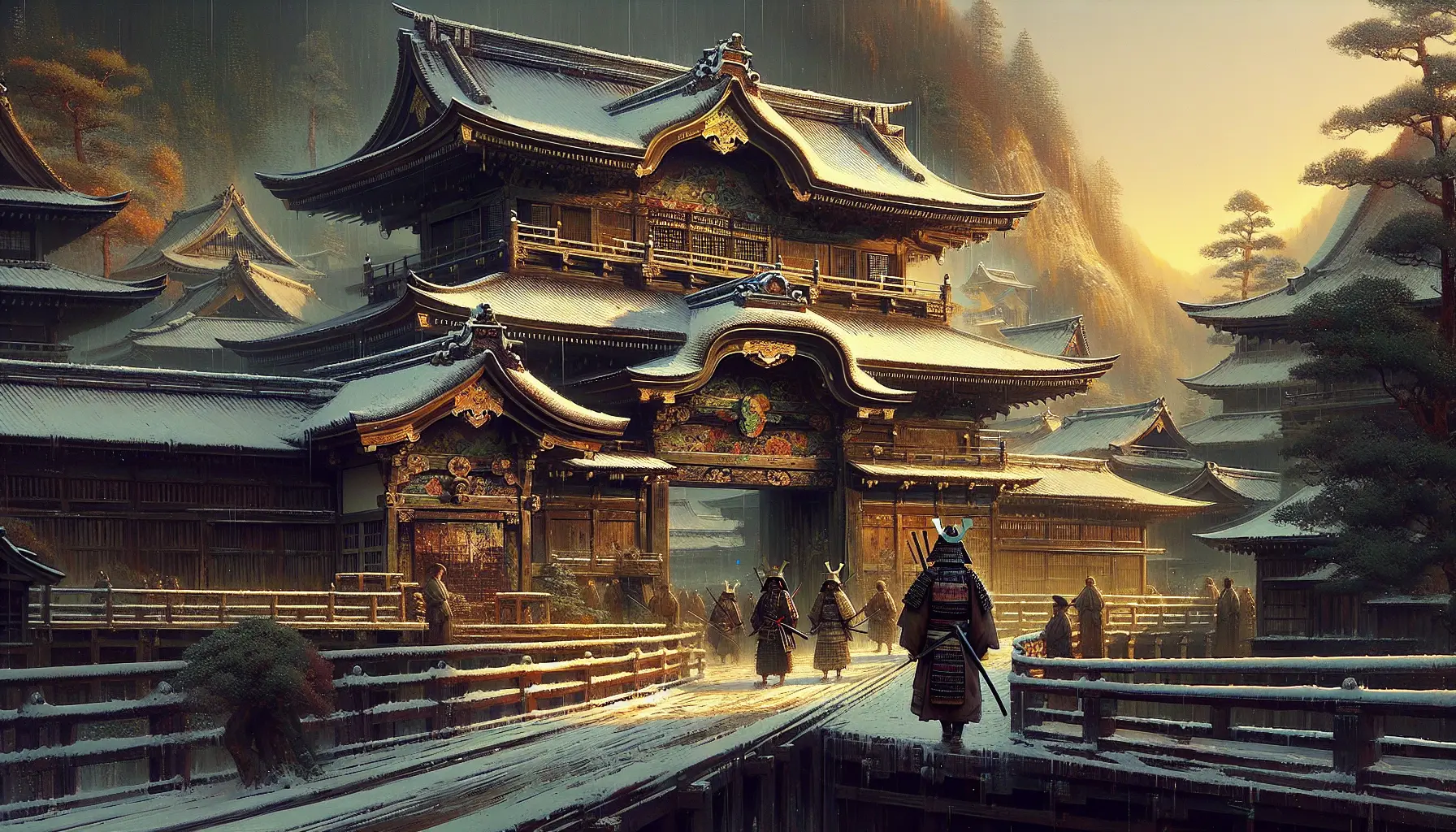 Un samurai in armatura tradizionale con katana, in un paesaggio giapponese suggestivo.