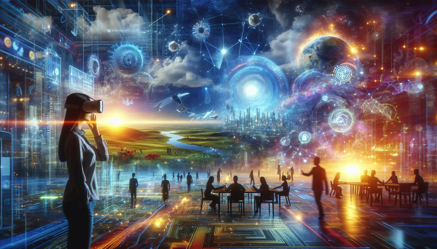 Un'immagine che rappresenta un ambiente virtuale del metaverso con avatar interattivi e spazi digitali