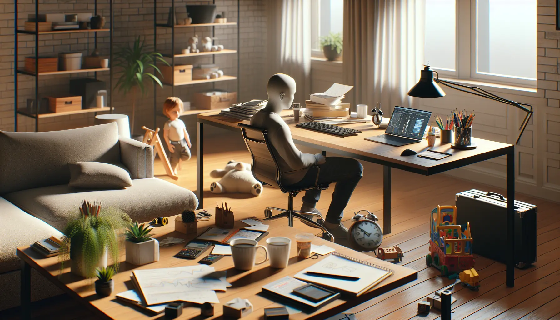 Un professionista che lavora da casa, bilanciando vita lavorativa e personale con un laptop e una tazza di caffè.