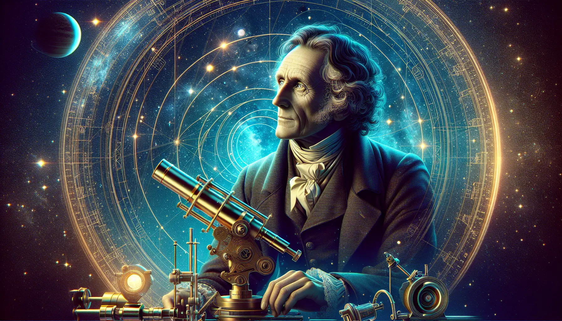 Rappresentazione artistica di John Frederick William Herschel mentre osserva le stelle con un telescopio.
