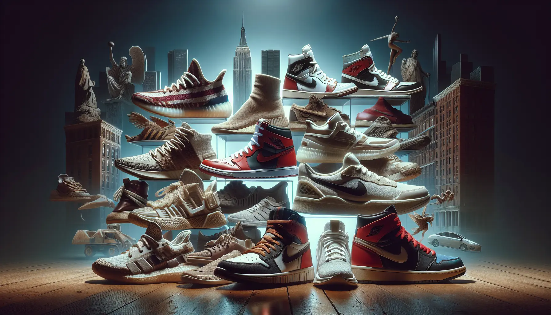 Un'immagine di diverse sneakers colorate disposte su uno sfondo urbano, rappresentando la cultura e lo stile delle calzature moderne.