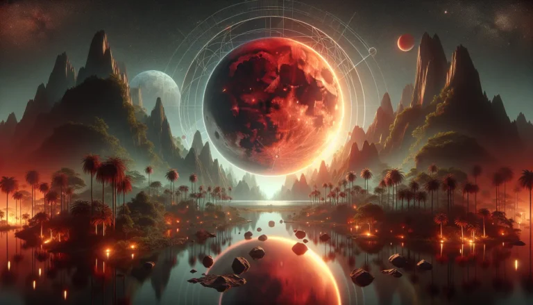 Un'eclissi lunare vista attraverso un cielo stellato, con la Luna che appare di un rosso intenso, circondata da stelle scintillanti.