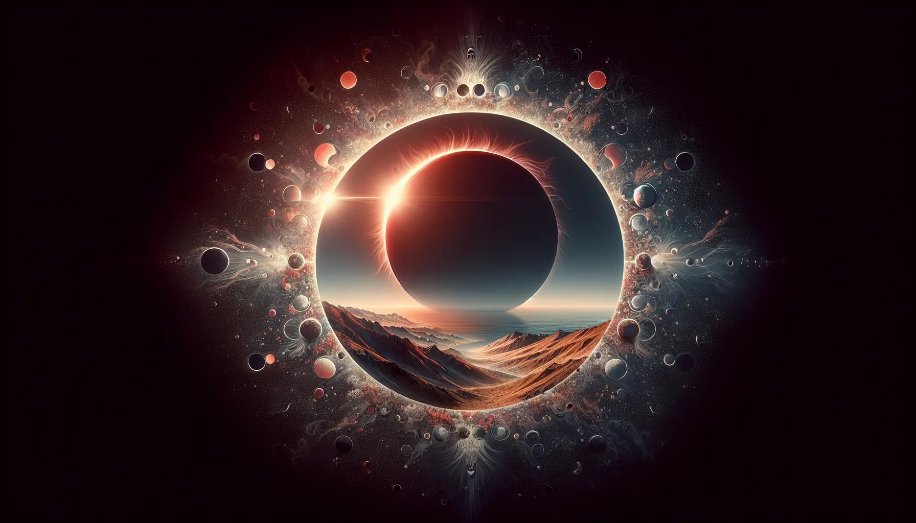 Un cielo scuro durante un'eclissi solare, con la luna che copre parzialmente il sole, creando un'atmosfera di meraviglia e contemplazione.