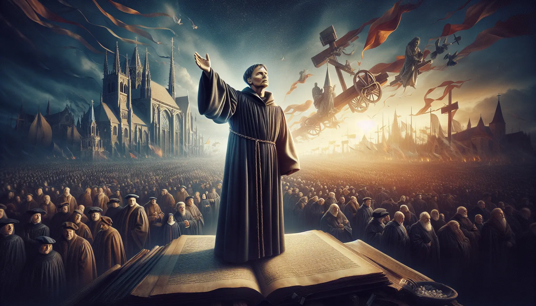 Rappresentazione di Martin Lutero che affigge le sue 95 tesi sulla porta della chiesa di Wittenberg, simbolo di una sfida audace.