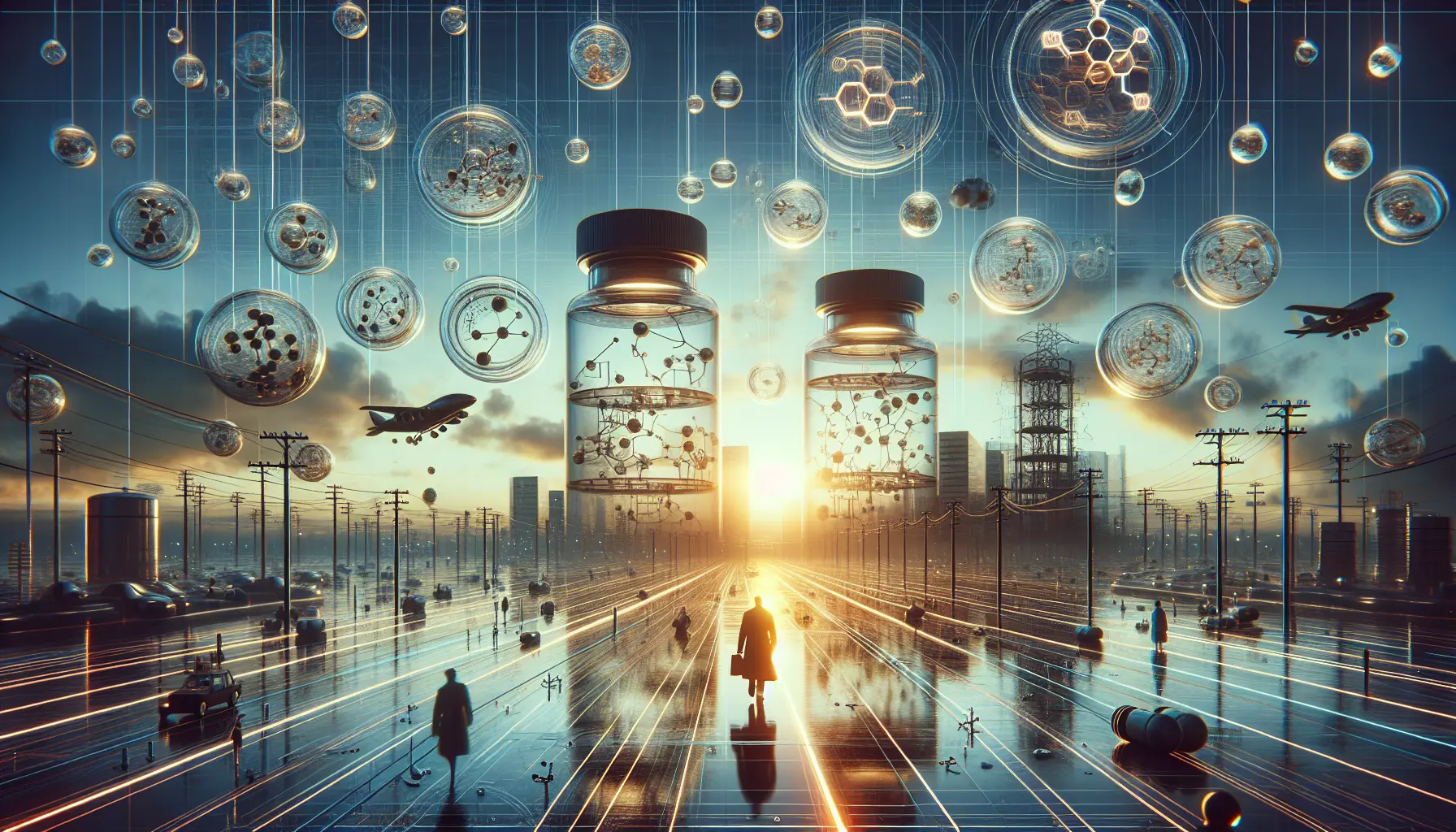 Rappresentazione di Sir Alexander Fleming nel suo laboratorio, circondato da attrezzature scientifiche e piastre di Petri.