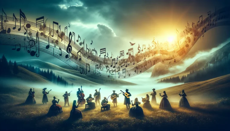 Un gruppo di musicisti folk che suonano strumenti tradizionali in un contesto naturale, evocando l'essenza della musica folk e le sue radici culturali.