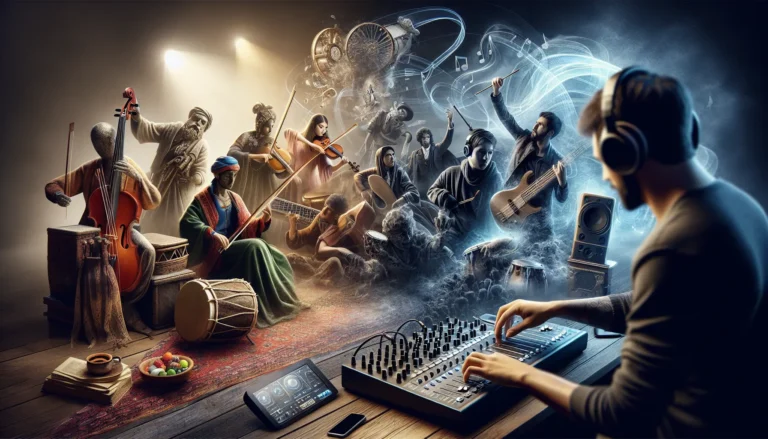 Un musicista che suona uno strumento tradizionale in un contesto moderno, rappresentando l'evoluzione della musica tradizionale.