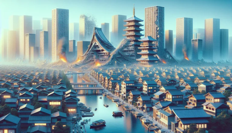 Un'immagine di Tokyo dopo il Grande terremoto del Kantō, con edifici distrutti e segni di ricostruzione.