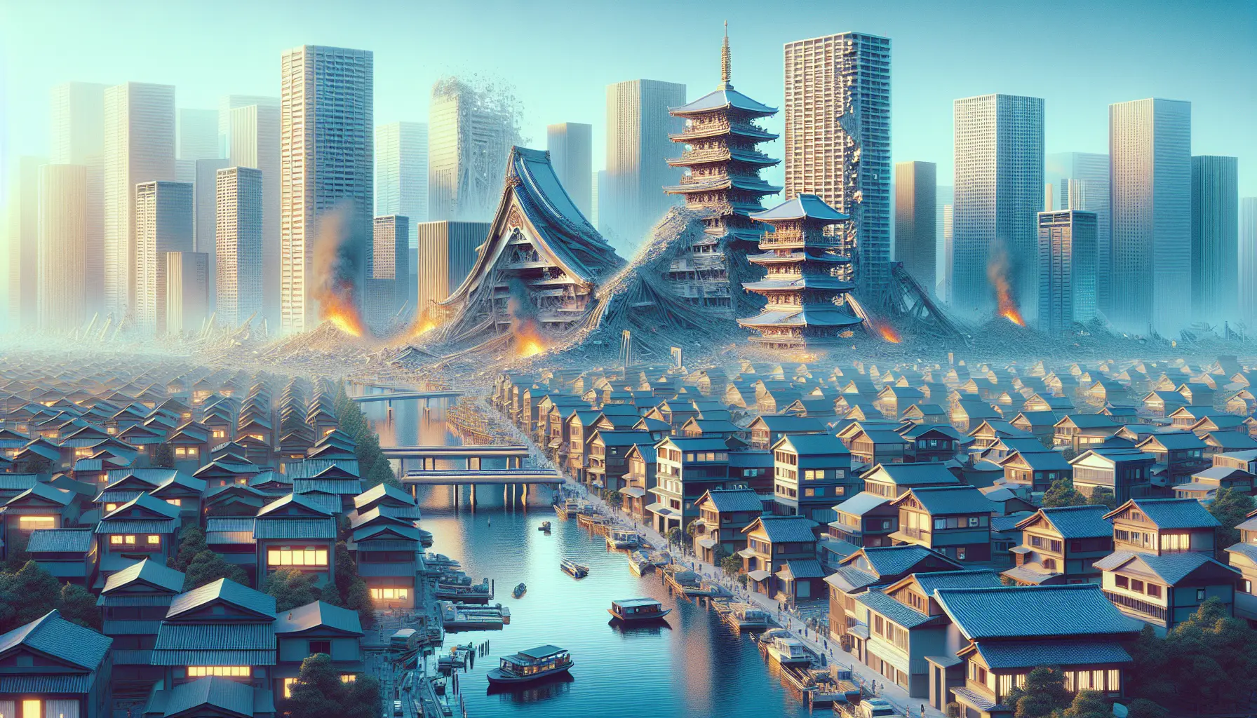 Un'immagine di Tokyo dopo il Grande terremoto del Kantō, con edifici distrutti e segni di ricostruzione.