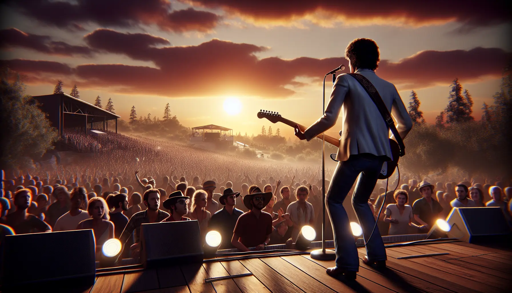 Bruce Springsteen durante un concerto, con il pubblico in visibilio e luci che illuminano il palco, rappresentando l'energia e la connessione emotiva della sua musica.