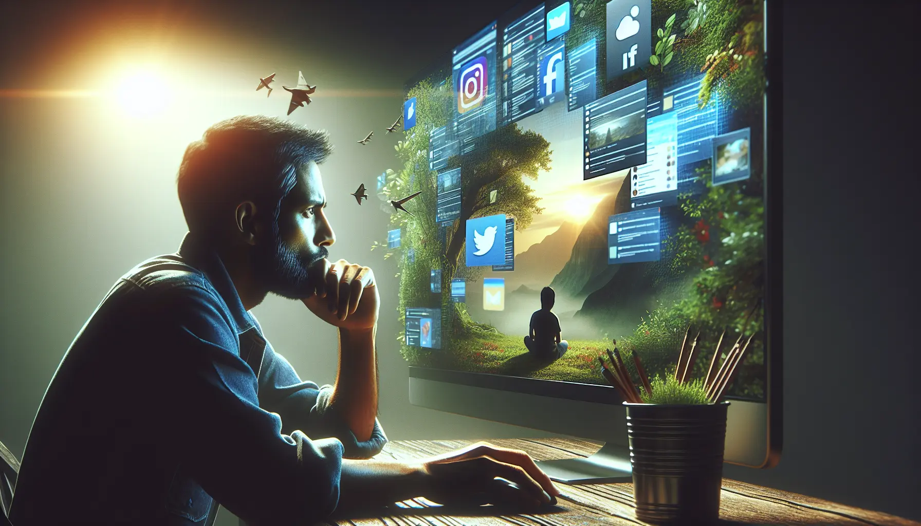 Un giovane che guarda il suo smartphone, immerso in pensieri profondi, circondato da un ambiente naturale.