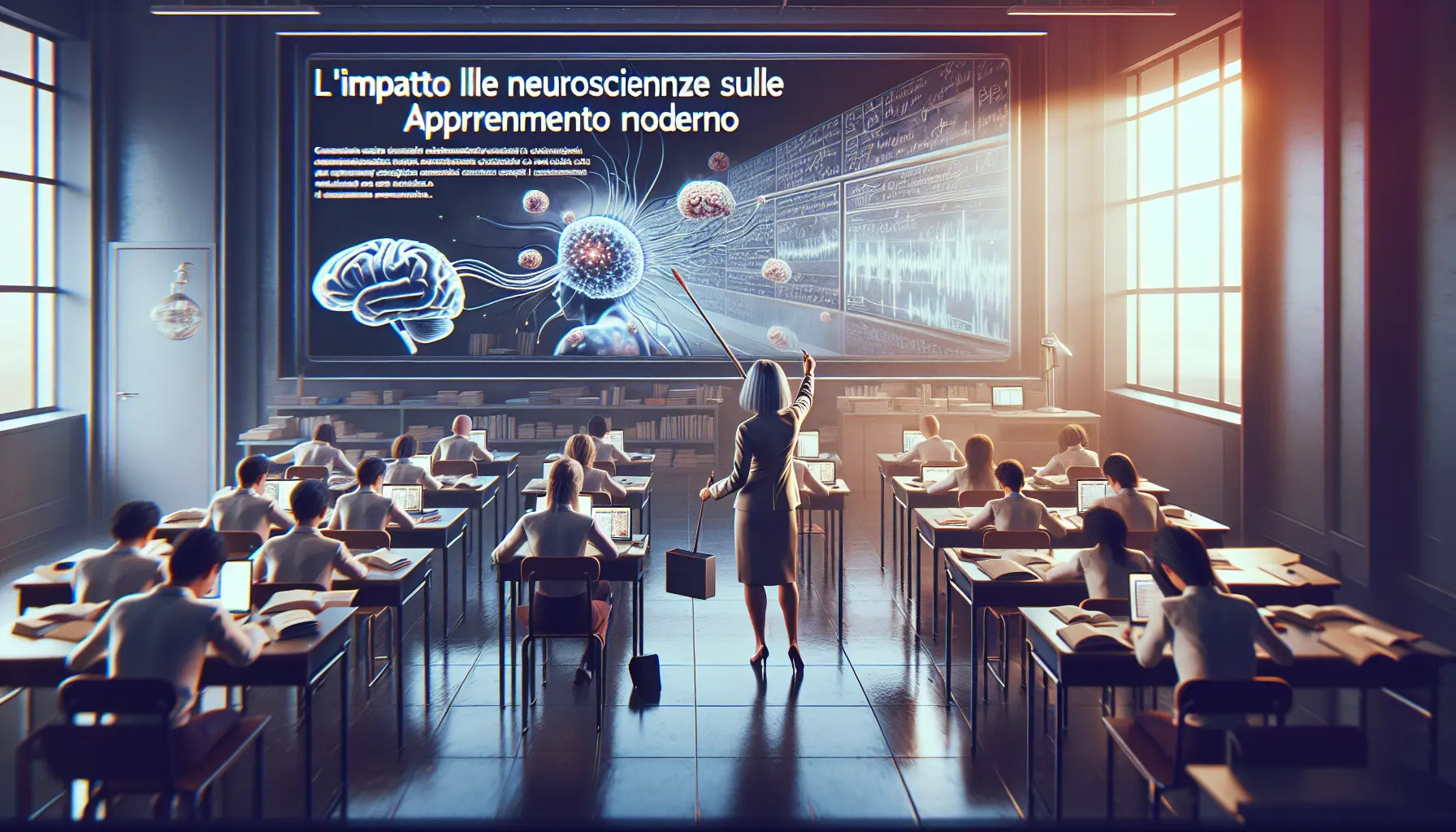 Un insegnante spiega concetti di neuroscienze agli studenti in un'aula moderna.