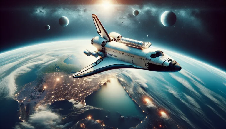 Un'immagine dello Space Shuttle in volo, con il cielo stellato sullo sfondo, rappresentando l'innovazione e l'esplorazione spaziale.